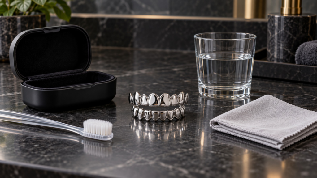 Removable silver-tone grillz beside a storage case, soft brush, water and lint-free cloth.