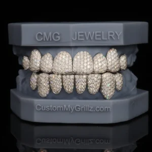Iced Out Honeycomb Setting White Gold Plated 3 Gemstone Type