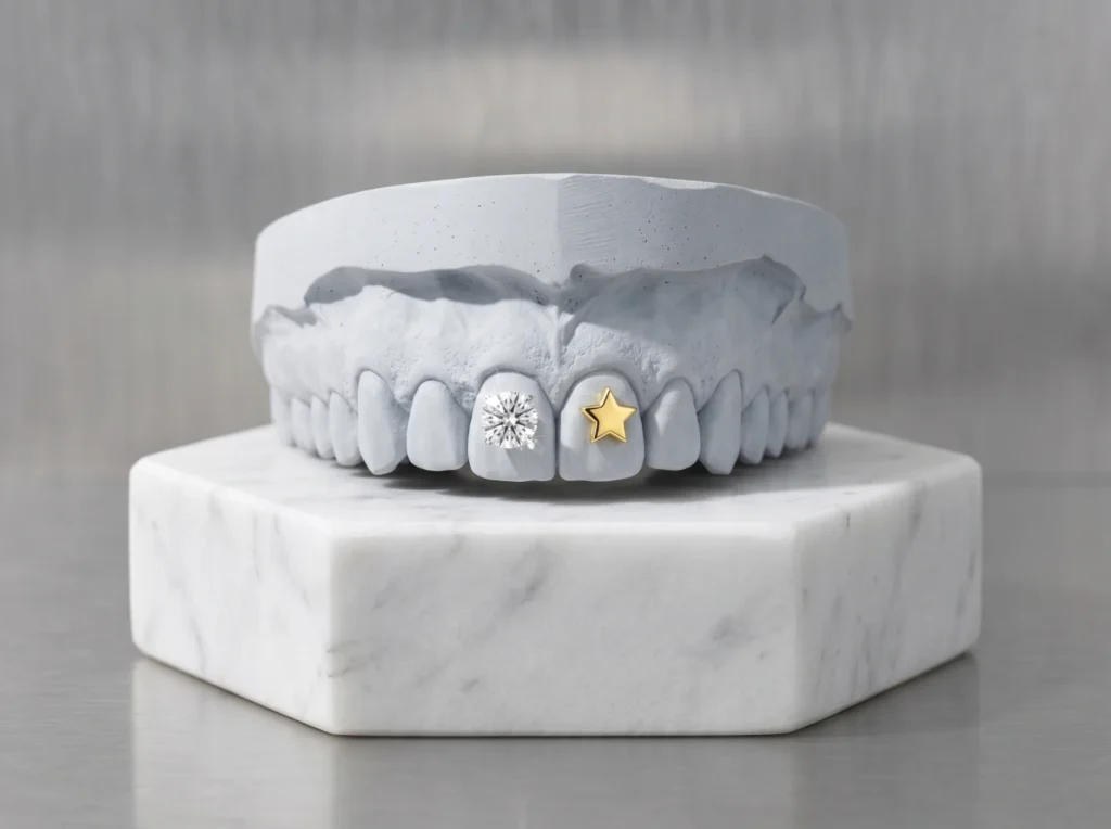 Luxury custom 18k gold grillz with VVS diamonds on a precision 3d dental model, high-end fine jewelry craftsmanship.