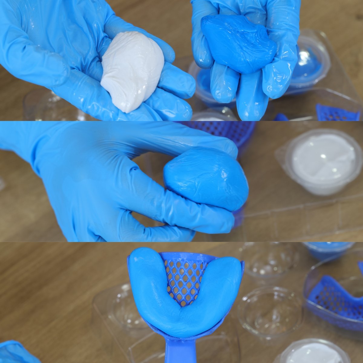 Mixing dental impression putty and loading the tray