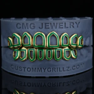 Green Luminous Open Face Full Set Gold Grillz
