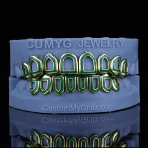 Green Luminous Open Face Full Set Gold Grillz