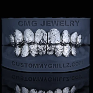 Silver-tone grillz with a faceted crushed ice finish.