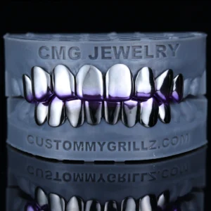 Polished silver-tone upper and lower grillz with a purple gradient along the edges.
