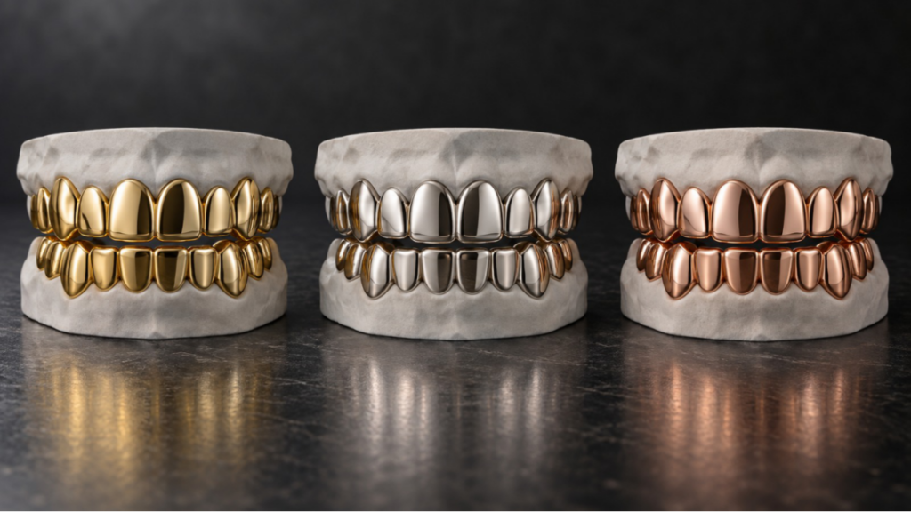 Yellow, white and rose gold-tone removable grillz shown in a side-by-side color comparison.