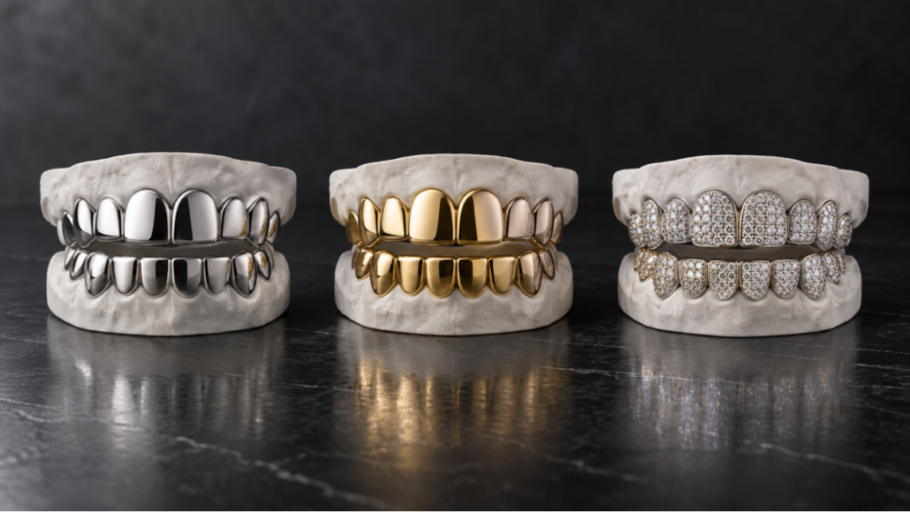 Silver-tone, gold-tone and stone-set removable grillz displayed side by side.