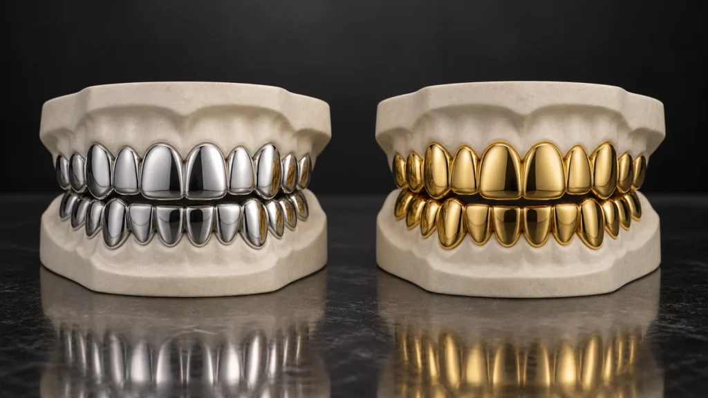 Polished silver-tone and yellow gold-tone removable grillz displayed side by side.