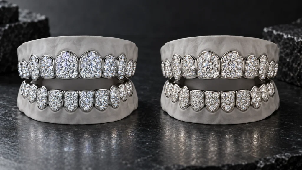 Two white stone-set removable grillz designs displayed for a neutral visual comparison.