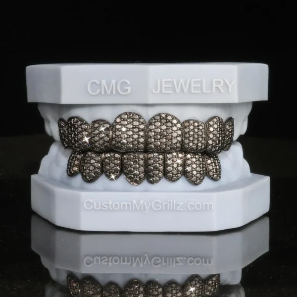 Black-plated full-set grillz with black moissanite stones in a honeycomb setting.