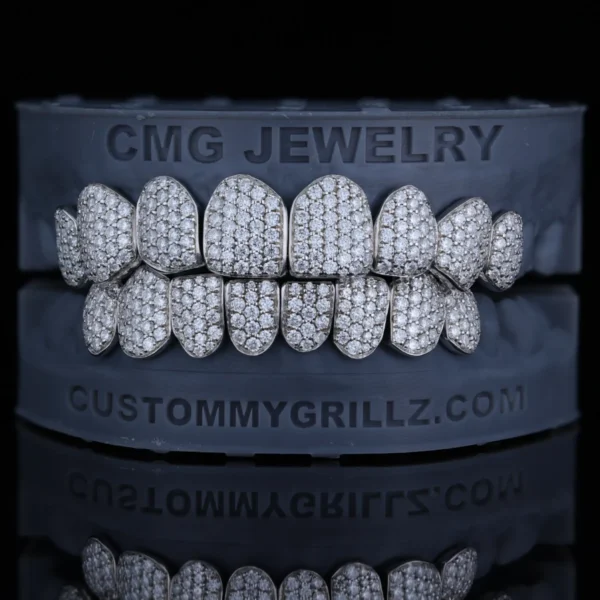  Full-set grillz covered with closely spaced stones in a honeycomb setting.