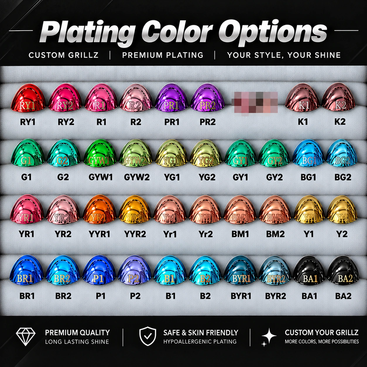 BLACK RHODIUM PLAIN FULL SET GRILLZ – MULTICOLOR E-PLATING OPTIONS - Image 5