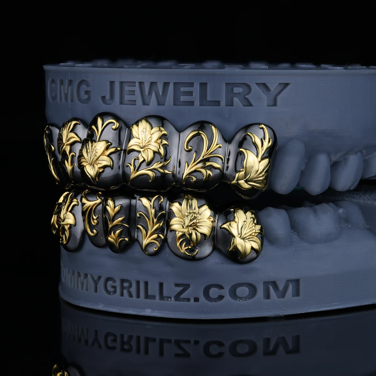 Black & Gold Lily Engraved Custom Grillz - Image 4