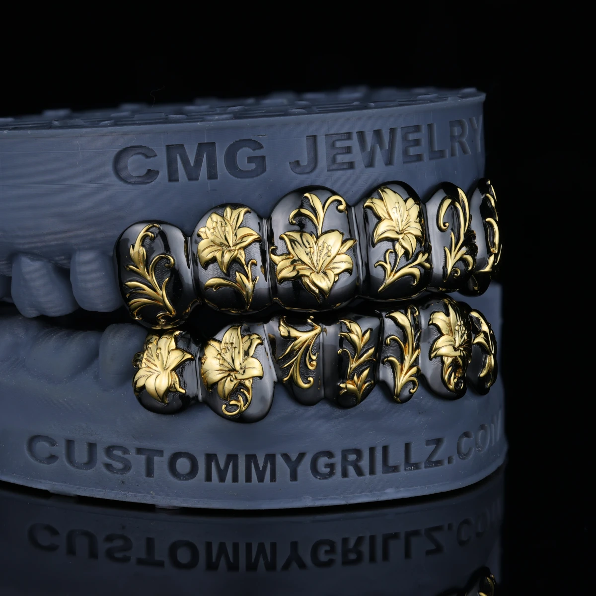 Black & Gold Lily Engraved Custom Grillz - Image 6