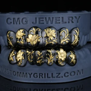 Black & Gold Lily Engraved Custom Grillz