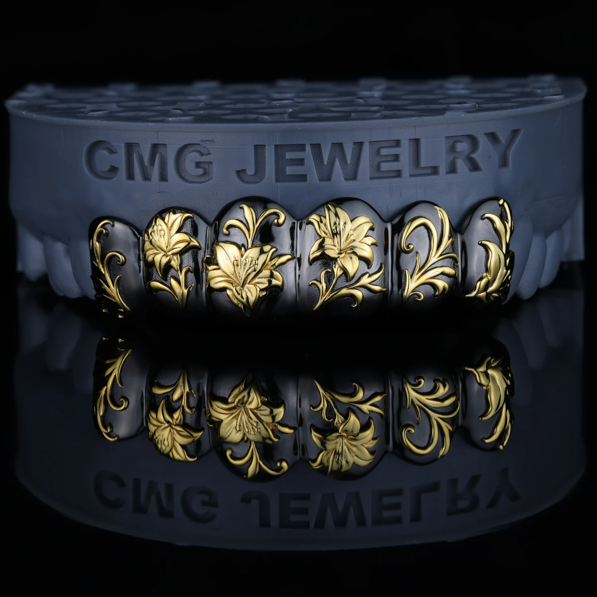 Black & Gold Lily Engraved Custom Grillz - Image 3