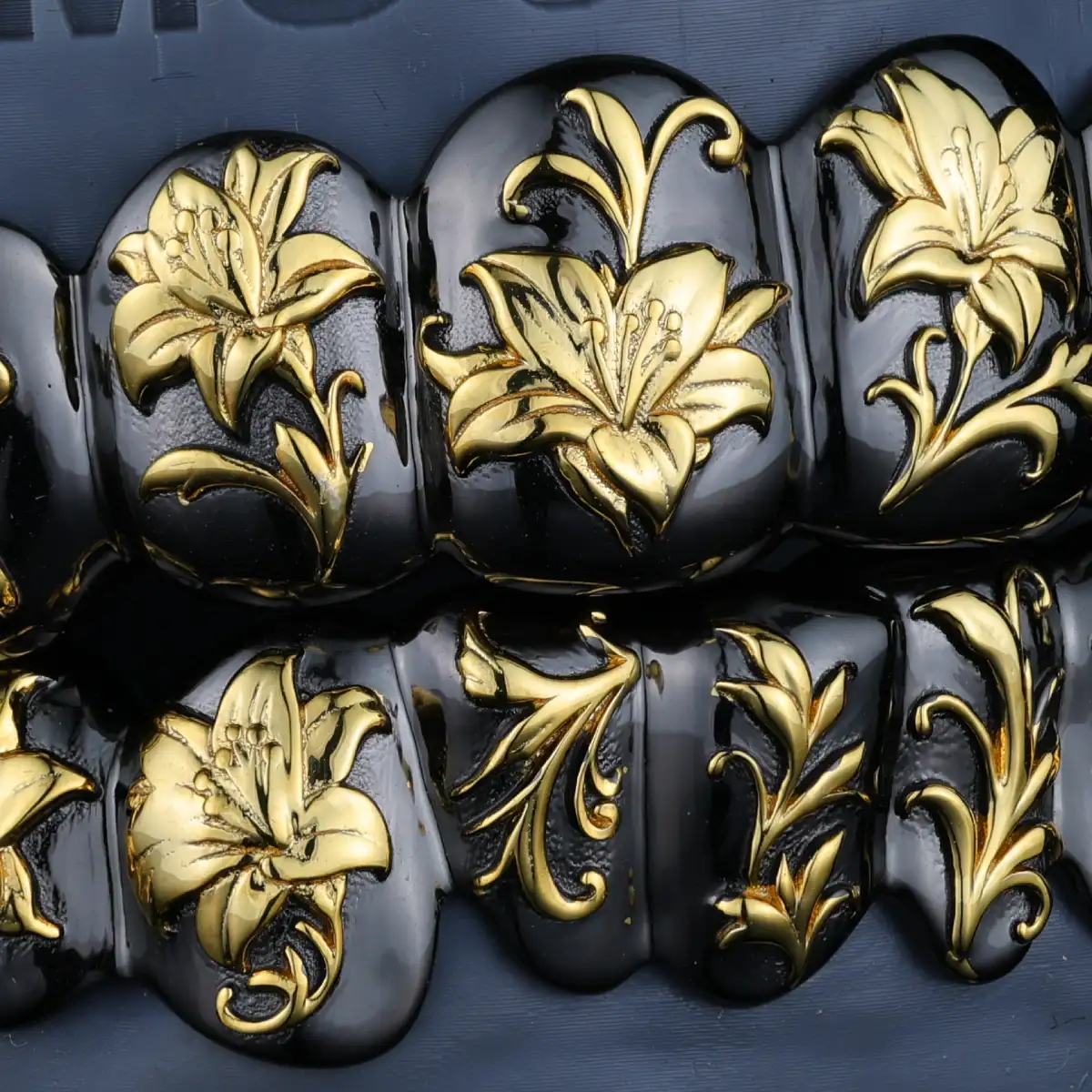 Black & Gold Lily Engraved Custom Grillz - Image 2
