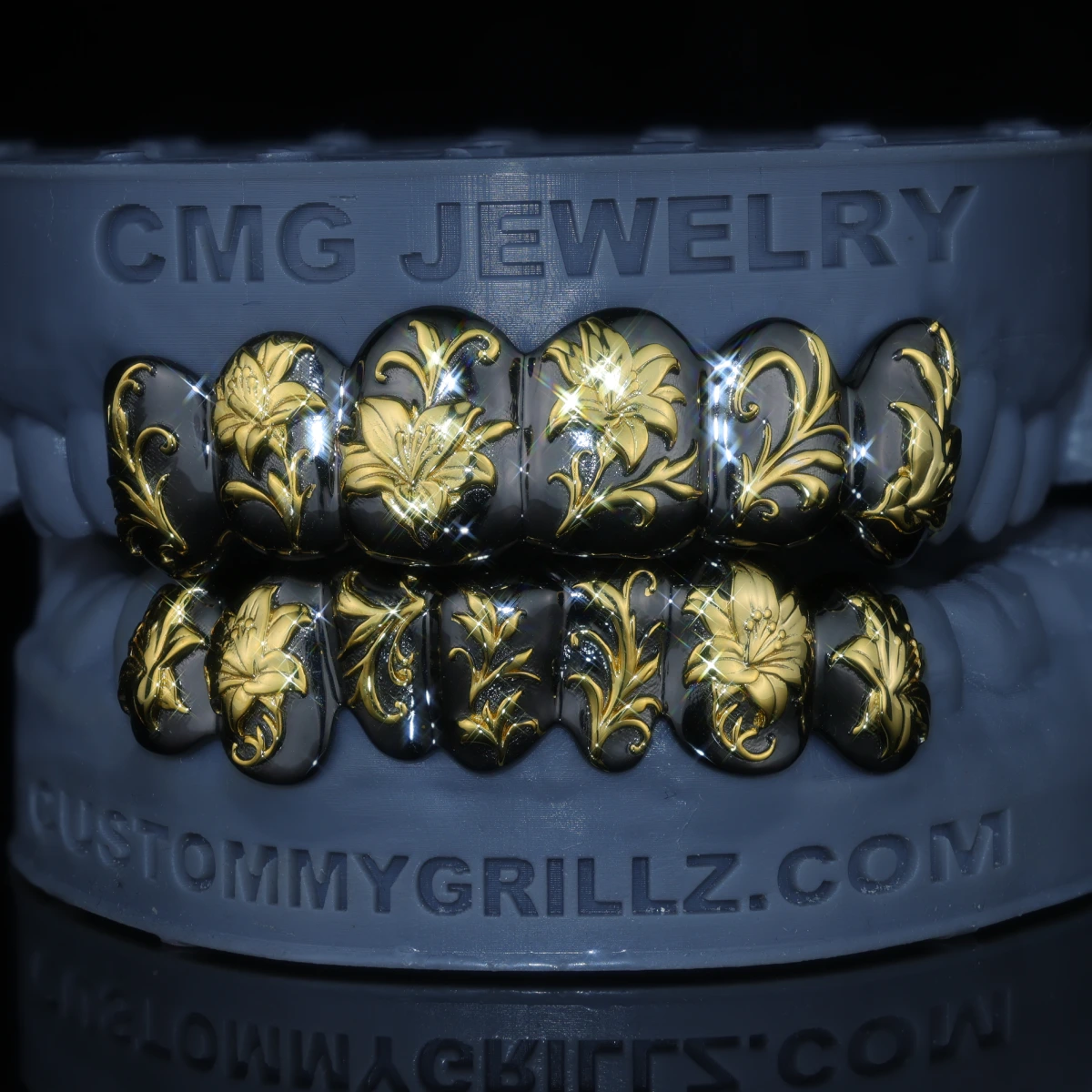 Black & Gold Lily Engraved Custom Grillz - Image 5