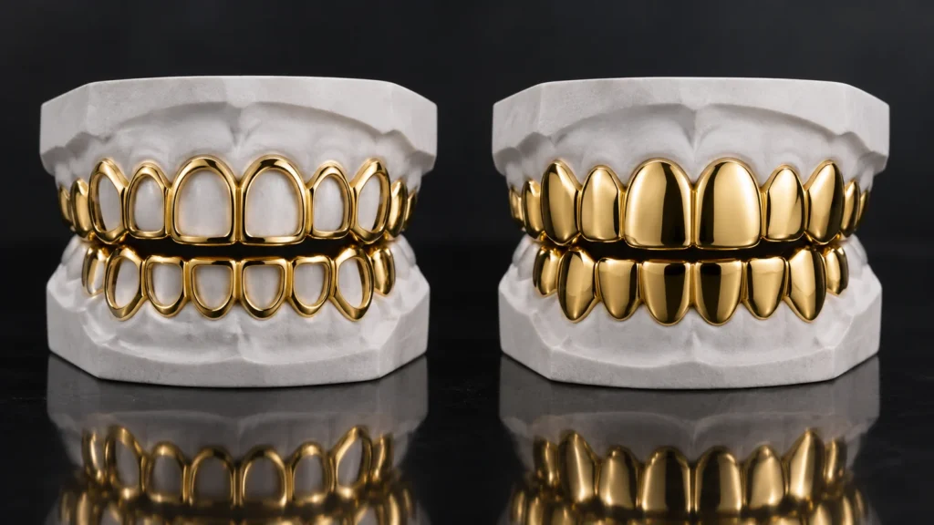 Open-face and solid gold-tone removable grillz displayed side by side.
