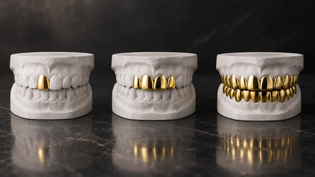 Single-tooth, partial-row and full-set gold-tone removable grillz coverage options.