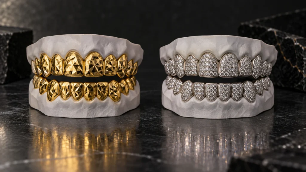Faceted gold-tone grillz and white stone-set grillz displayed side by side.