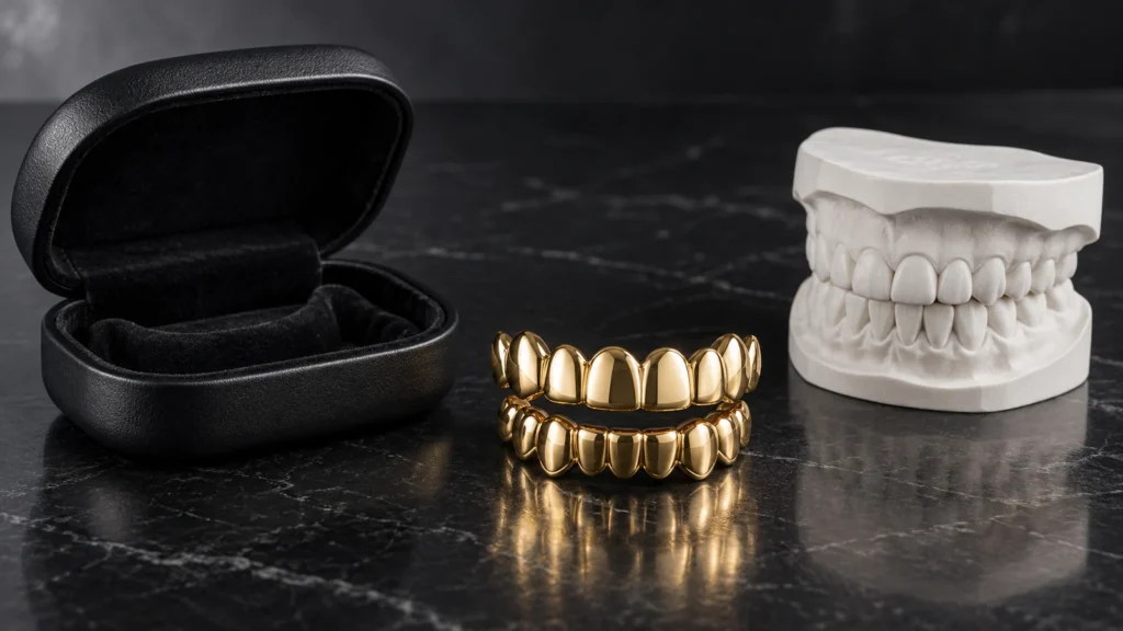 Removable gold-tone grillz shown beside an open case and a dental display model.