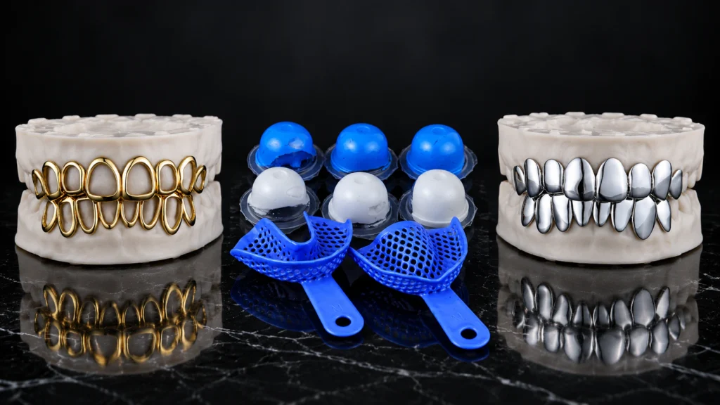 Open-frame and solid grillz displayed with a dental impression kit to illustrate fit and safer wear