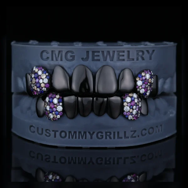 Floral bloom iced out fang grillz with pointed canine accents