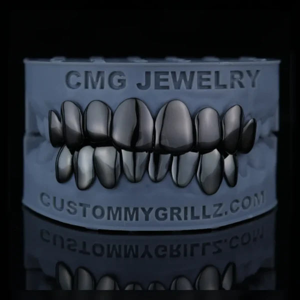 Black rhodium plain full set grillz displayed on a dental model