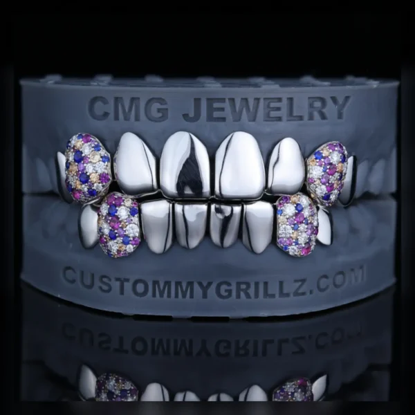 Floral bloom iced out canine grillz with colorful stone accents