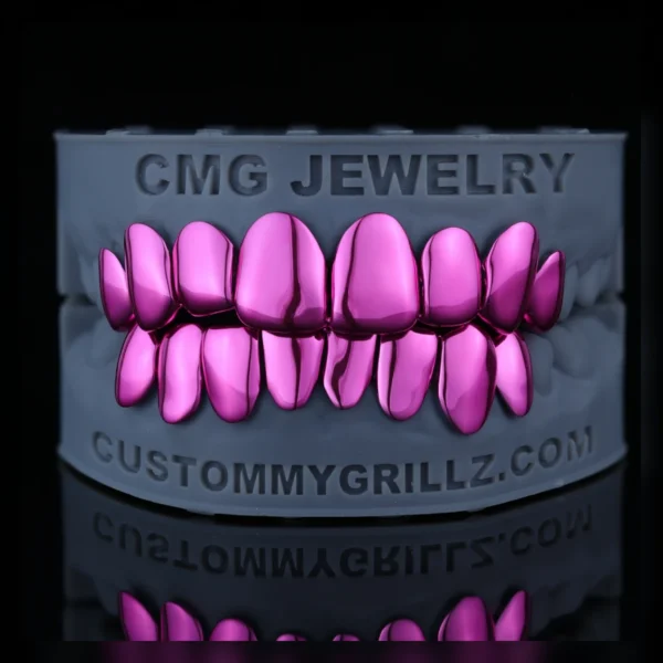 Purple high polish custom grillz with full visible tooth coverage