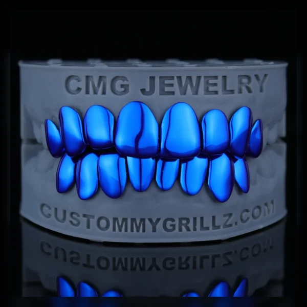 Sapphire blue high polish custom grillz displayed on a dental model