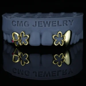 Openwork Five-Petal Flower & Four-Point Star Grillz with Gemstones | Delicate Gold-Tone Partial Grillz
